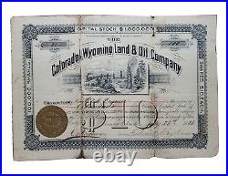 1888 Colorado Wyoming Land & Oil Stock Certificate #21 Issued to E. A. L