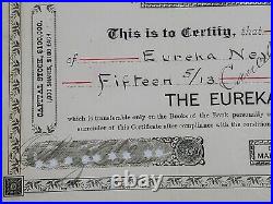 1890 The Eureka County Bank Stock Certificate #25 Issued To M. Scheeline