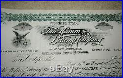 1890's Theo HAMM BREWING co. #83 preferred stock certificate with tag MINNESOTA