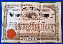 1891 The Gatling Ordnance Company 50 Shares Stock Certificate Robert G Ingersoll