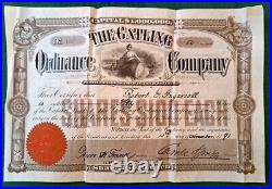 1891 The Gatling Ordnance Company 50 Shares Stock Certificate Robert G Ingersoll