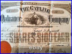 1891 The Gatling Ordnance Company 50 Shares Stock Certificate Robert G Ingersoll