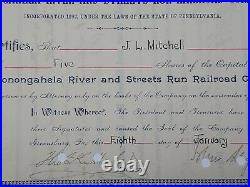 1892 Monongahela River & Streets Run Railroad Stock Certificate #9 Issued To JL