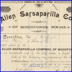 1892 The Allen Sarsaparilla Company Stock Share Certificate Woodfords Maine ME