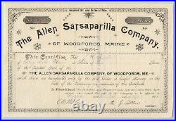 1892 The Allen Sarsaparilla Company Stock Share Certificate Woodfords Maine ME