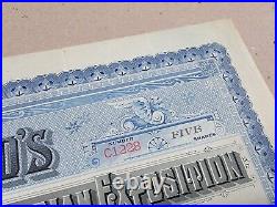 1893 World's Fair STOCK CERTIFICATE 5 Shares Blue