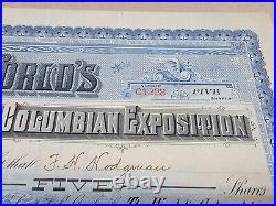 1893 World's Fair STOCK CERTIFICATE 5 Shares Blue