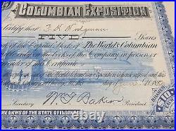 1893 World's Fair STOCK CERTIFICATE 5 Shares Blue