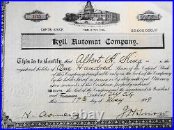 1899 Kyll Automat Company, New York rare Stock Certificate, 100 shares