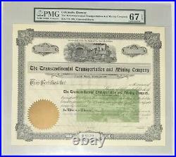 1900s THE TRANSCONTINENTAL TRANSPORTATION AND MINING COMPANY Stock PMG 67