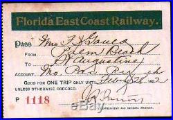 1902 Florida East Coast Railway Pass from St Augustine to Palm Beach EX RARE