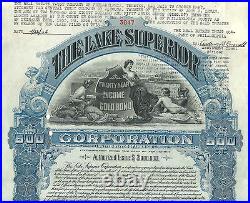 1904 NEW JERSEY The Lake Superior Corp Bond Stock Certificate Sault St Marie