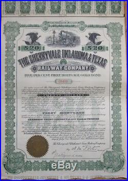 1908 Gold Bond Certificate'Cherryvale Oklahoma & Texas Railway Co.' Railroad