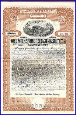 1908 OHIO Dayton Springfield & Xenia Southern Railway Co Bond Stock Certificate