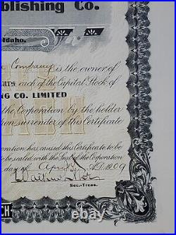 1909 Preston News Publishing Stock Certificate #28 Issued To Monson Lumber Co