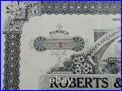 1911 Roberts & Browne, Inc Stock Certificate #1 Issued to Geroge W. Roberts