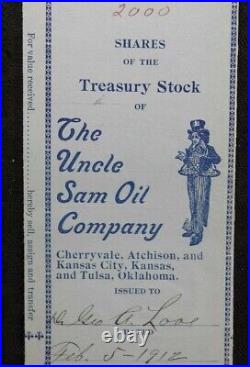 1912 Oncle Sam Huile Company 2000 Shares Stock Certificat Cherryvale Kansas City