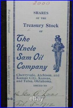 1912 Uncle Sam Oil Company 2000 Shares Stock Certificate Cherryvale Kansas City