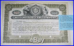 1916 Reo Motor Company Stock Certificate Ransom Olds Signed Exc/nr Mint