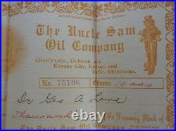 1916 Uncle Sam Oil Company 10,000 Shares Stock Certificate Atchison Tulsa Kansas