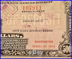 1918 $500 US Postal Savings System Certificate Extremely Scarse