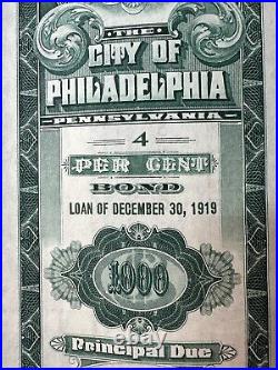 1919 ORIGINAL CITY OF PHILADELPHIA $1000 LOAN BOND Graphics GREAT SHAPE