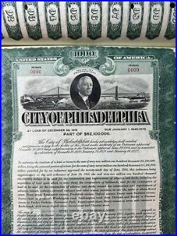 1919 ORIGINAL CITY OF PHILADELPHIA $1000 LOAN BOND Graphics GREAT SHAPE