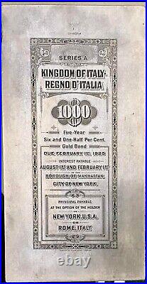 1920 $1000 Gold Bond Kingdom Of Italy / N. Y. Engraving Printing Plate Abnco