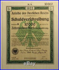 1922 German 100 consecutive 10k Treasury Bonds With Uncancelled Interest Coupon