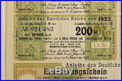 1922 German 100 consecutive 10k Treasury Bonds With Uncancelled Interest Coupon