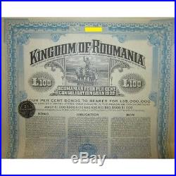 1922 Kingdom of Roumania £100 with 4% Consolidation Loan Gold bond, blue