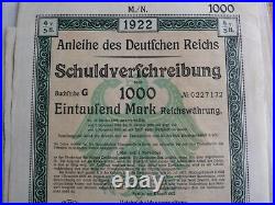 1922 Uncancelled Weimar German Bond-1000 Mark Bond With Coupons-10 Consecutive