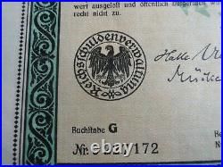 1922 Uncancelled Weimar German Bond-1000 Mark Bond With Coupons-10 Consecutive