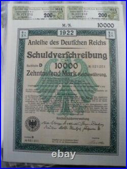 1922 Uncancelled Weimar German Bond-10000 Mark Bond With Coupons-46 Consecutive
