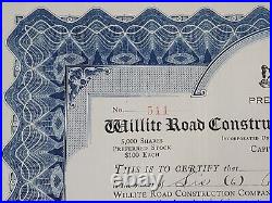 1922 Willite Road Construction Stock Certificate #511 Issued To John Padro