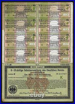 1923 Berlin Germany 1000000 Mark (1 Million Mark) Treasury Bond Schatzanweisung