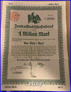 1923 Berlin Germany 1000000 Mark (1 Million Mark) Uncancelled Bond cupons