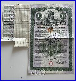 1924 GERMAN EXTERNAL LOAN GOLD BOND $1,000 PASSCO (COA) 19 COUPONS-Holed