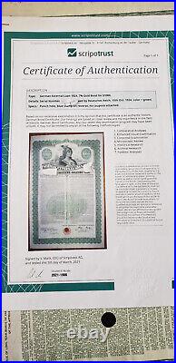 1924 German Bond 1000 with No Coupons Read Description with scriptotrust report