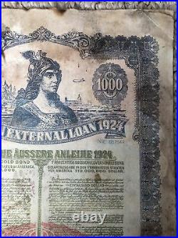 1924 German External Loan 7% $1000 Dawes Gold Bond No Coupons Uncanceled