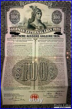 1924 German External Loan 7% Gold Bond $100 Dawes Loan STOCK CERTIFICATE