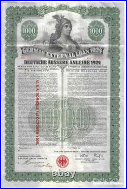 1924 German External Loan 7% Gold Bond $1000 Dawes Loan CERTIFICATE STOCK