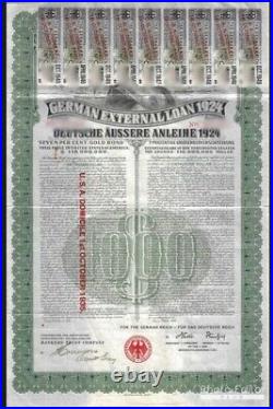 1924 German External Loan 7% Gold Bond $1000 Dawes Loan CERTIFICATE STOCK