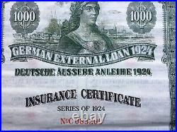 1924 German External Loan Insurance Certificate Series Bond 1000 Imperial Mark