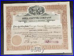 1925 Arizona Mining Stock Certificate Shea Copper Company #7751