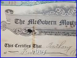 1925 The McGovern Mortuary (CO) Stock Certificate #112 Issued to Anthony Jolan