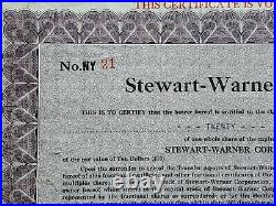 1929 Stewart-Warner Stock Certificate #NY21