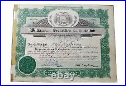 1929 Williamson Securities (NY) Stock Certificate #1 Issued to Elmer M. Adams