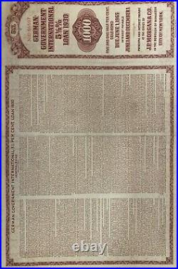 1930 GERMAN GOVERNMENT INTERNATIONAL LOAN Young Bond $1000 USA STOCK CERTIFICATE