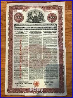 1930 German Government International 5 1/2% Loan $1000 Gold Bond